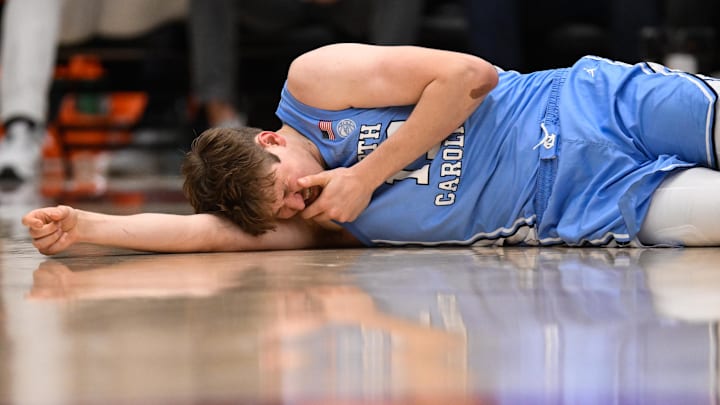 Jan 14, 2026; Stanford, California, USA; North Carolina Tar Heels center Henri Veesaar (13) reacts after a foul against the Stanford Cardinal in the second half at Maples Pavilion. Mandatory Credit: Eakin Howard-Imagn Images