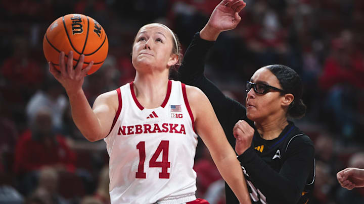 Nebraska women's basketball guard Callin Hake (14) shoots against North Alabama.