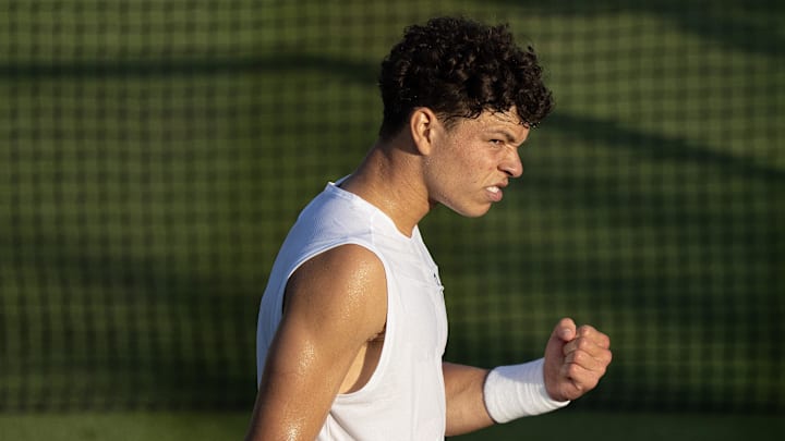 Jul 1, 2025; Wimbledon, UNITED KINGDOM; Ben Shelton of the United States celebrates winning his match against Alex Bolt of Australia on day two at the All England Lawn Tennis and Croquet Club. Mandatory Credit: Susan Mullane-Imagn Images