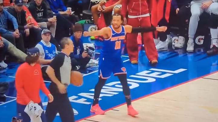 Jalen Brunson reacts after a Pelicans floor sweeper received a technical foul. Jalen Brunson reacts after a Pelicans floor sweeper received a technical foul.