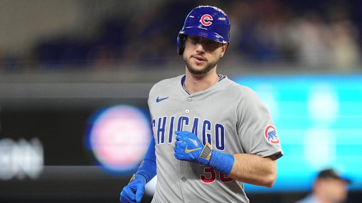 May 21, 2025; Miami, Florida, USA;  Chicago Cubs designated hitter Kyle Tucker (30) rounds the bases after a solo home run in the first inning against the Miami Marlins at loanDepot Park.