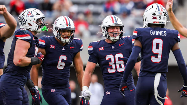 Nov 22, 2025; Tucson, Arizona, USA; Arizona Wildcats linebacker Dominic Hanger (36) celebrates during the fourth quarter of the game of the game against the Baylor Bears at Casino Del Sol Stadium. Mandatory Credit: Aryanna Frank-Imagn Images