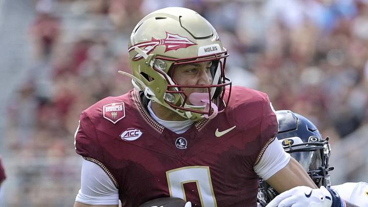 Sep 6, 2025; Tallahassee, Florida, USA; Florida State Seminoles wide receiver Duce Robinson (0) catches a pass over East Texas A&M Lions cornerback Kaleb Miles (1) during the first half at Doak S. Campbell Stadium. Mandatory Credit: Melina Myers-Imagn Images Sep 6, 2025; Tallahassee, Florida, USA; Florida State Seminoles wide receiver Duce Robinson (0) catches a pass over East Texas A&M Lions cornerback Kaleb Miles (1) during the first half at Doak S. Campbell Stadium. Mandatory Credit: Melina Myers-Imagn Images