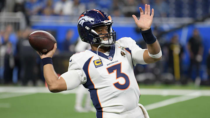 Dec 16, 2023; Detroit, Michigan, USA;  Denver Broncos quarterback Russell Wilson (3)