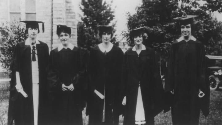 Virginia Tech's first female graduates: [from left to right] Mary Ella Carr Brunfield, Ruth Louise Terrett, Lucy Lee Lancaster, Louise Jacobs, Carrie Taylor Sibold