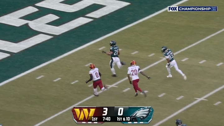 Philadelphia Eagles running back Saquon Barkley running in a 60-yard touchdown vs. the Washington Commanders on Jan. 26, 2025.