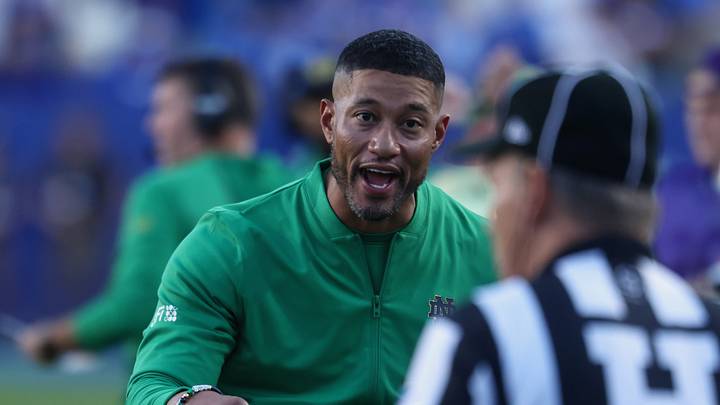 Oct 17, 2026; Provo, Utah, USA; Notre Dame Fighting Irish head coach Marcus Freeman reacts during the first half against the Brigham Young Cougars at LaVell Edwards Stadium. Oct 17, 2026; Provo, Utah, USA; Notre Dame Fighting Irish head coach Marcus Freeman reacts during the first half against the Brigham Young Cougars at LaVell Edwards Stadium.