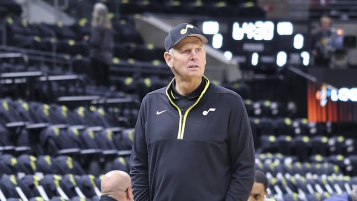 Oct 26, 2022; Salt Lake City, Utah, USA; Utah Jazz CEO Danny Ainge looks on during warms ups before the game against the Houston Rockets at Vivint Arena. Mandatory Credit: Rob Gray-Imagn Images Oct 26, 2022; Salt Lake City, Utah, USA; Utah Jazz CEO Danny Ainge looks on during warms ups before the game against the Houston Rockets at Vivint Arena. Mandatory Credit: Rob Gray-Imagn Images