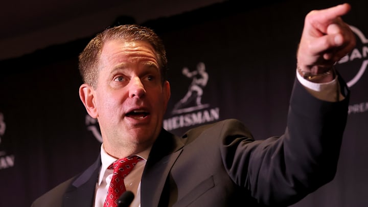 Indiana Hoosiers coach Curt Cignetti speaks during a press conference at the New York Marriott Marquis after his quarterback Fernando Mendoza won the Heisman Trophy. 