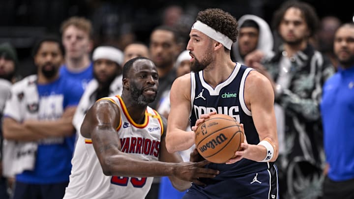 Feb 12, 2025; Dallas, Texas, USA; Golden State Warriors forward Draymond Green (23) and Dallas Mavericks guard Klay Thompson (31) in action during the game between the Dallas Mavericks and the Golden State Warriors at the American Airlines Center. Mandatory Credit: Jerome Miron-Imagn Images Feb 12, 2025; Dallas, Texas, USA; Golden State Warriors forward Draymond Green (23) and Dallas Mavericks guard Klay Thompson (31) in action during the game between the Dallas Mavericks and the Golden State Warriors at the American Airlines Center. Mandatory Credit: Jerome Miron-Imagn Images