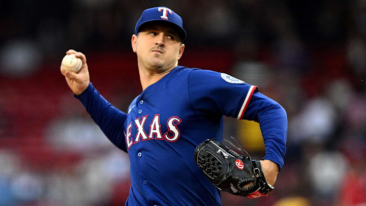 May 7, 2025; Boston, Massachusetts, USA; Texas Rangers starting pitcher Tyler Mahle (51) pitches against the Boston Red Sox during the first inning at Fenway Park. Mandatory Credit: Brian Fluharty-Imagn Images