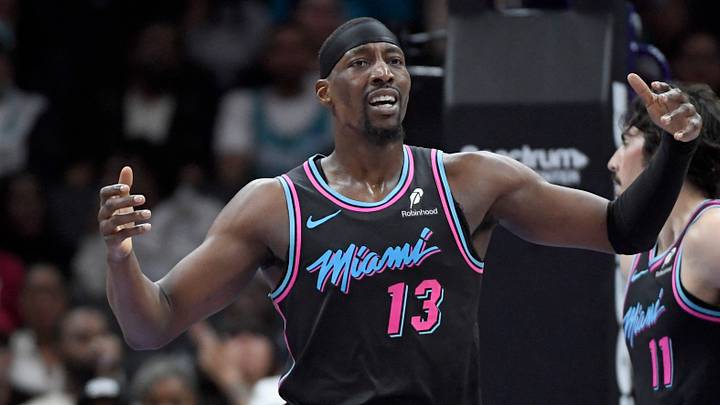 Miami Heat center Bam Adebayo (13) reacts (Mandatory Credit: Sam Sharpe-Imagn Images.)