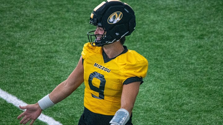 Aug 18, 2025; Columbia, MO, USA; Missouri Tigers quarterback Beau Pribula (9) gets ready for a practice drill during fall camp.