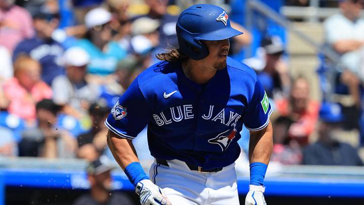 Mar 19, 2026; Dunedin, Florida, USA; Toronto Blue Jays right fielder Addison Barger (47) hits an RBI single during the third inning against the New York Yankees at TD Ballpark. Mandatory Credit: Kim Klement Neitzel-Imagn Images