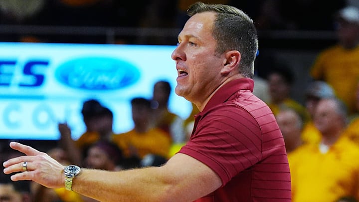 Iowa State Cyclones men's basketball head coach T.J. Otzelberger calls a play against Houston during the second half in the Big-12 men’s basketball at Hilton Coliseum on Feb. 16, 2026, in Ames, Iowa