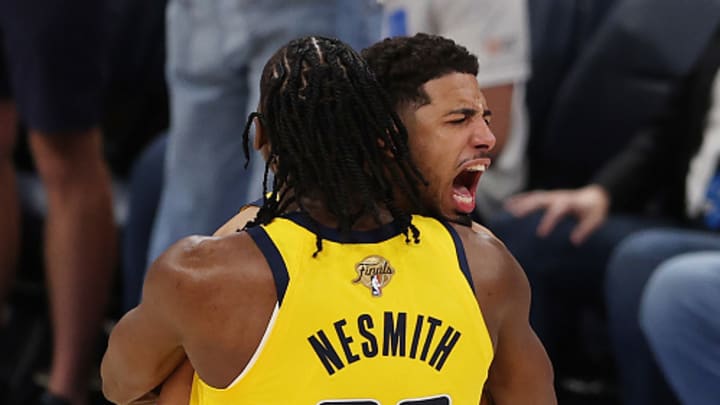 Indiana Pacers star Tyrese Haliburton hugs Aaron Nesmith after hitting a game-winning shot in the NBA Finals.