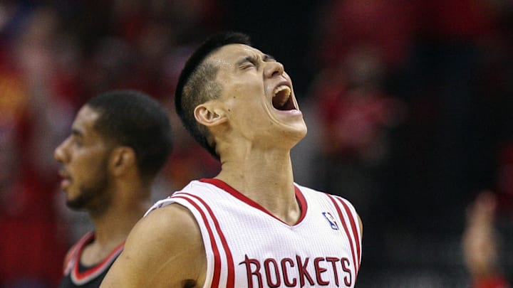 Apr 30, 2014; Houston, TX, USA; Houston Rockets guard Jeremy Lin (7) reacts after making a basket during the second quarter against the Portland Trail Blazers in game five of the first round of the 2014 NBA Playoffs at Toyota Center. Mandatory Credit: Troy Taormina-Imagn Images