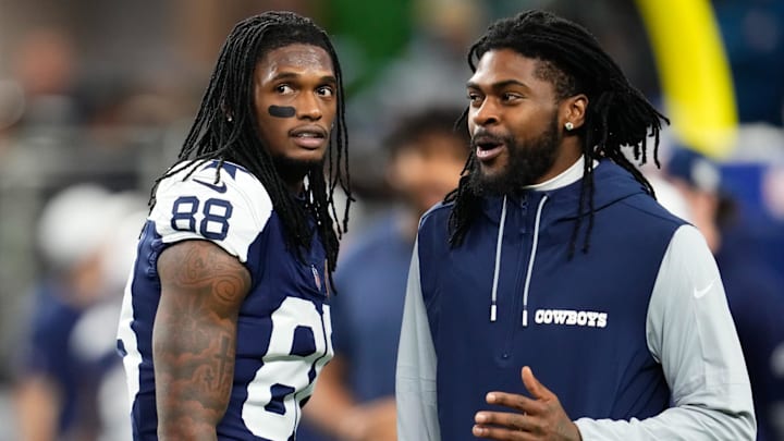 Nov 28, 2024; Arlington, Texas, USA;  Dallas Cowboys wide receiver CeeDee Lamb (88) and cornerback Trevon Diggs (7) during pregame warmups before the game against the New York Giants at AT&T Stadium. Mandatory Credit: Chris Jones-Imagn Images