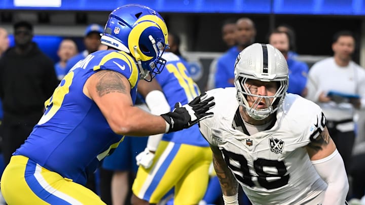 Oct 20, 2024; Inglewood, California, USA; Las Vegas Raiders defensive end Maxx Crosby (98) during the third quarter against the Los Angeles Rams at SoFi Stadium. Mandatory Credit: Robert Hanashiro-Imagn Images Oct 20, 2024; Inglewood, California, USA; Las Vegas Raiders defensive end Maxx Crosby (98) during the third quarter against the Los Angeles Rams at SoFi Stadium. Mandatory Credit: Robert Hanashiro-Imagn Images