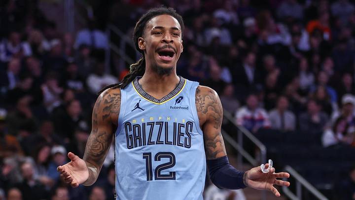 Nov 11, 2025; New York, New York, USA;  Memphis Grizzlies guard Ja Morant (12) reacts after getting called for a foul in the second quarter against the New York Knicks at Madison Square Garden. Mandatory Credit: Wendell Cruz-Imagn Images
