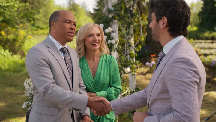 Virgin River. (L to R) Troy McLaughlin as Walt, Teryl Rothery as Muriel St. Claire, Mark Ghanimé as Dr. Cameron Hayek in episode 609 of Virgin River