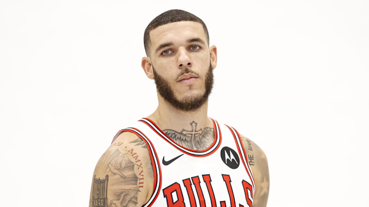 Chicago Bulls guard Lonzo Ball poses during media day.