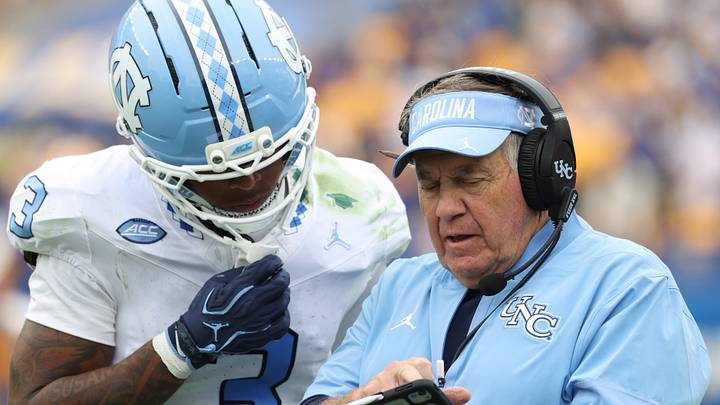 Oct 10, 2026; Pittsburgh, Pennsylvania, USA;  *North Carolina Tar Heels defensive back Ade Willie (3) talks with North Carolina Tar Heels head coach Bill Belichick (right) during the fourth quarter against the Pittsburgh Panthers at Acrisure Stadium.  Mandatory Credit: Charles LeClaire-Imagn Images