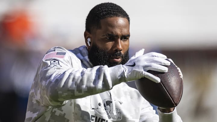 Nov 3, 2024; Cleveland, Ohio, USA; Cleveland Browns wide receiver Elijah Moore (8) catches the ball during warm ups before the game against the Los Angeles Chargers at Huntington Bank Field. Mandatory Credit: Scott Galvin-Imagn Images