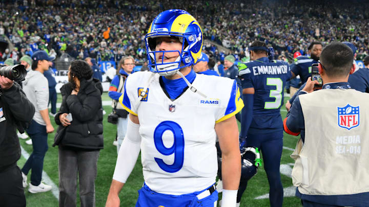 Jan 25, 2026; Seattle, WA, USA; Los Angeles Rams quarterback Matthew Stafford (9) leaves the field after the 2026 NFC Championship Game against the Seattle Seahawks at Lumen Field. Mandatory Credit: Steven Bisig-Imagn Images