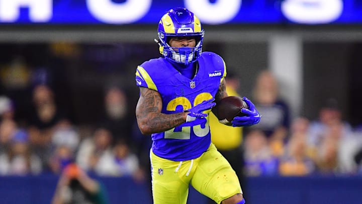 Nov 11, 2024; Inglewood, California, USA; Los Angeles Rams running back Kyren Williams (23) runs the ball against the Miami Dolphins during the first half at SoFi Stadium. Mandatory Credit: Gary A. Vasquez-Imagn Images
