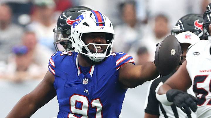 Sep 13, 2026; Houston, Texas, USA;  Buffalo Bills defensive tackle Ed Oliver (91) reacts after a recovery during the first quarter against the Houston Texans at Reliant Stadium.  Mandatory Credit: Troy Taormina-Imagn Images