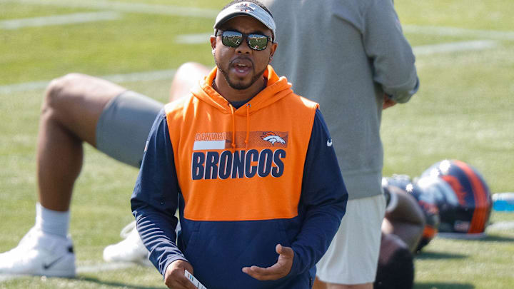 Denver Broncos defensive backs coach Christian Parker during training camp at UCHealth Training Complex.