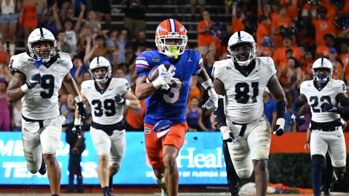 Florida Gators wide receiver Tre Wilson running away from the Samford defense.