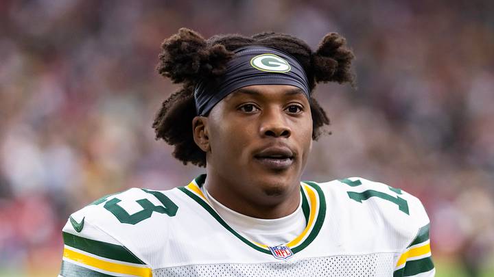Green Bay Packers wide receiver Dontayvion Wicks (13) looks on