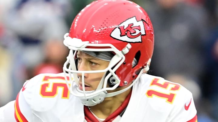 Dec 17, 2023; Foxborough, Massachusetts, USA; Kansas City Chiefs quarterback Patrick Mahomes (15) looks to pass the ball during the second half against the New England Patriots at Gillette Stadium. Mandatory Credit: Eric Canha-Imagn Images Dec 17, 2023; Foxborough, Massachusetts, USA; Kansas City Chiefs quarterback Patrick Mahomes (15) looks to pass the ball during the second half against the New England Patriots at Gillette Stadium. Mandatory Credit: Eric Canha-Imagn Images