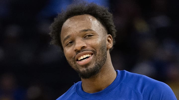 Oct 17, 2025; San Francisco, California, USA; Golden State Warriors guard LJ Cryer shares a laugh while warming up before facing the Los Angeles Clippers at Chase Center. Mandatory Credit: D. Ross Cameron-Imagn Images