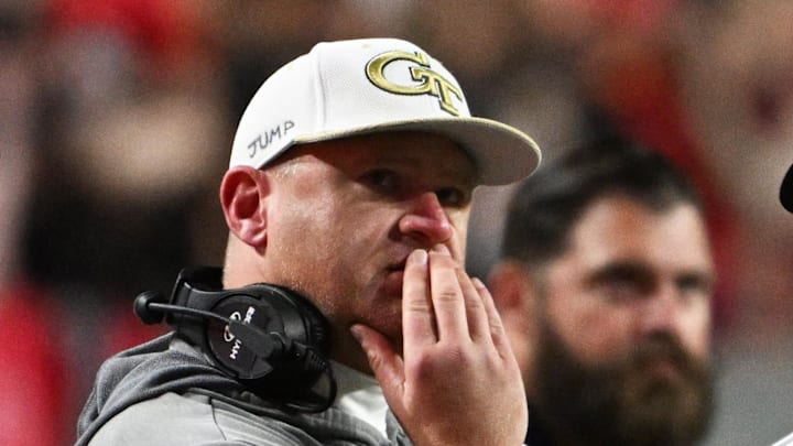 Nov 1, 2025; Raleigh, North Carolina, USA;  Georgia Tech Yellow Jackets head coach Brent Key during the first quarter at Carter-Finley Stadium. Mandatory Credit: Zachary Taft-Imagn Images