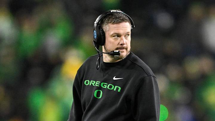 Dec 20, 2025; Eugene, OR, USA; Oregon Ducks head coach Dan Lanning looks on during the fourth quarter against the James Madison Dukes at Autzen Stadium. Dec 20, 2025; Eugene, OR, USA; Oregon Ducks head coach Dan Lanning looks on during the fourth quarter against the James Madison Dukes at Autzen Stadium.