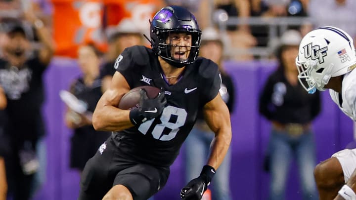 Sep 14, 2024; Fort Worth, Texas, USA; TCU Horned Frogs wide receiver Jack Bech (18) runs with the ball during the second quarter against the UCF Knights at Amon G. Carter Stadium. Mandatory Credit: Andrew Dieb-Imagn Images