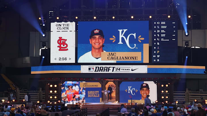Jul 14, 2024; Ft. Worth, TX, USA; The Kansas City Royals draft  Jac Caglianone as the sixth pick during the first round of the MLB Draft at Cowtown Coliseum. Mandatory Credit: Kevin Jairaj-Imagn Images