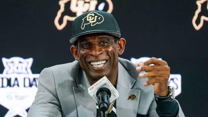 Jul 9, 2025; Frisco, TX, USA; Colorado head coach Deion Sanders speaks with the media during 2025 Big 12 Football Media Days at The Star. Jul 9, 2025; Frisco, TX, USA; Colorado head coach Deion Sanders speaks with the media during 2025 Big 12 Football Media Days at The Star.
