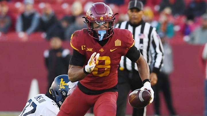 Iowa State Cyclones wide receiver Xavier Hutchinson (8) runs with the ball after making a catch during the fourth quarter in the Big-12 showdown at Jack Trice Stadium Saturday, Nov. 5. 2022, in Ames, Iowa.