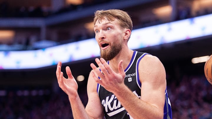 Jan 5, 2024; Sacramento, California, USA; Sacramento Kings forward Domantas Sabonis (10) reacts after committing a foul against the Toronto Raptors at Golden 1 Center. Jan 5, 2024; Sacramento, California, USA; Sacramento Kings forward Domantas Sabonis (10) reacts after committing a foul against the Toronto Raptors at Golden 1 Center.