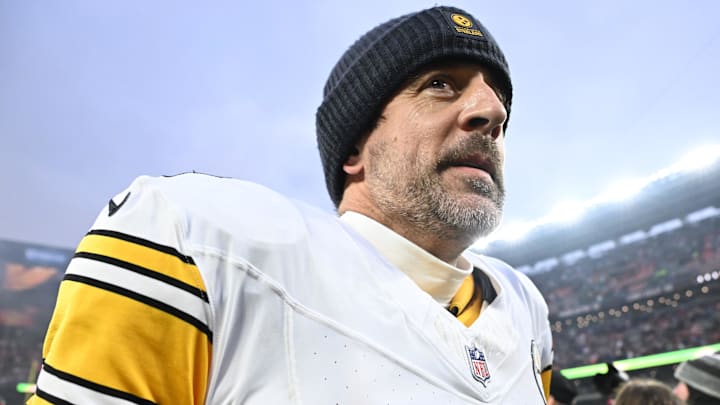 Dec 28, 2025; Cleveland, Ohio, USA; Pittsburgh Steelers quarterback Aaron Rodgers (8) looks on after the game against the Cleveland Browns at Huntington Bank Field.