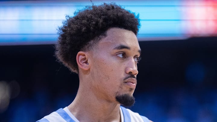 Mar 3, 2026; Chapel Hill, North Carolina, USA; North Carolina Tar Heels guard Seth Trimble (7) looks on during the second half against the Clemson Tigers at Dean E. Smith Center. Mandatory Credit: Scott Kinser-Imagn Images