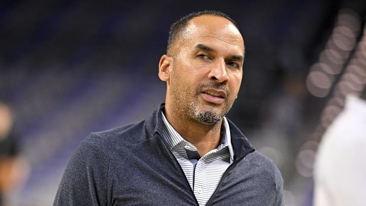 Oct 6, 2025; Fort Worth, Texas, USA; Dallas Mavericks general manager Nico Harrison looks on before the game against the Oklahoma City Thunder at Dickie's Arena. Mandatory Credit: Jerome Miron-Imagn Images