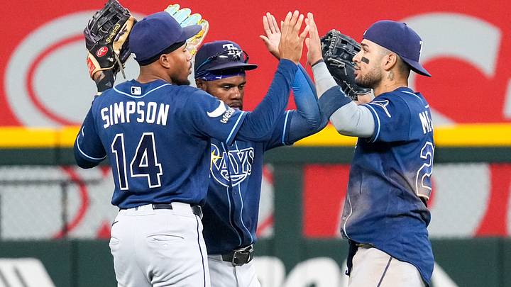 Sep 5, 2026; Arlington, Texas, USA; Tampa Bay Rays left fielder Chandler Simpson (14), center fielder Cedric Mullins (31) and right fielder Victor Mesa Jr. (25) react after defeating the Texas Rangers at Globe Life Field. Mandatory Credit: Raymond Carlin III-Imagn Images Sep 5, 2026; Arlington, Texas, USA; Tampa Bay Rays left fielder Chandler Simpson (14), center fielder Cedric Mullins (31) and right fielder Victor Mesa Jr. (25) react after defeating the Texas Rangers at Globe Life Field. Mandatory Credit: Raymond Carlin III-Imagn Images