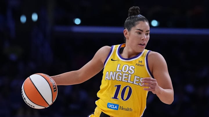 Aug 5, 2025; Los Angeles, California, USA; LA Sparks guard Kelsey Plum (10) dribbles the ball up court in the first half against the Indiana Fever at Crypto.com Arena. Mandatory Credit: Kirby Lee-Imagn Images