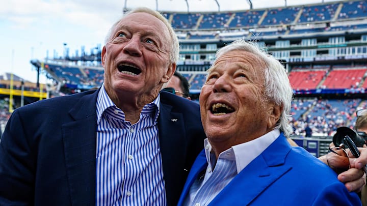 Oct 17, 2021; Foxborough, Massachusetts, USA; Dallas cowboys owner Jerry Jones and New England Patriots owner Robert Kraft meet before the start of the game at Gillette Stadium. Mandatory Credit: David Butler II-Imagn Images