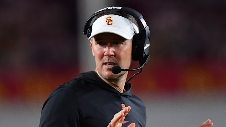 Oct 7, 2023; Los Angeles, California, USA; Southern California Trojans head coach Lincoln Riley watches game action against the Arizona Wildcats during the first half at Los Angeles Memorial Coliseum. Mandatory Credit: Gary A. Vasquez-Imagn Images